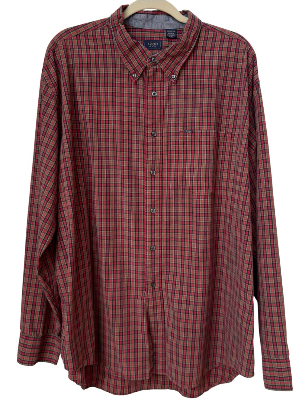 Izod Jeans Button Down Long Sleeve Red Green Plaid Cotton Shirt. XXL.